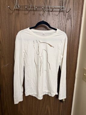 Women's Long Sleeve Cream Graphic Tee - Horse Outline